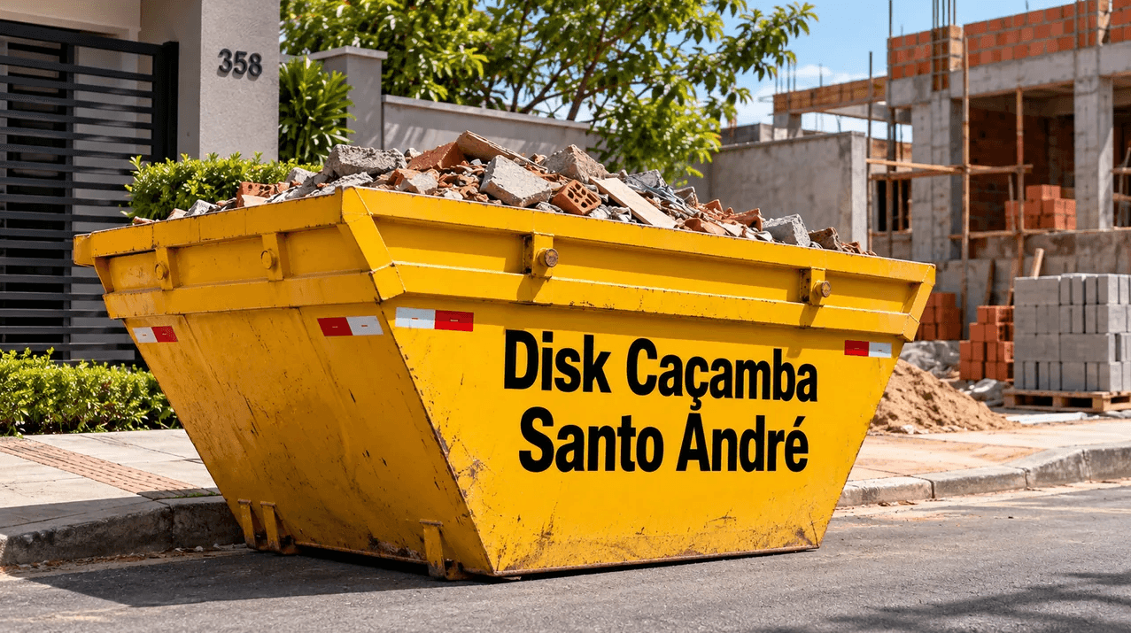 Caçamba cheia de entulho de obra